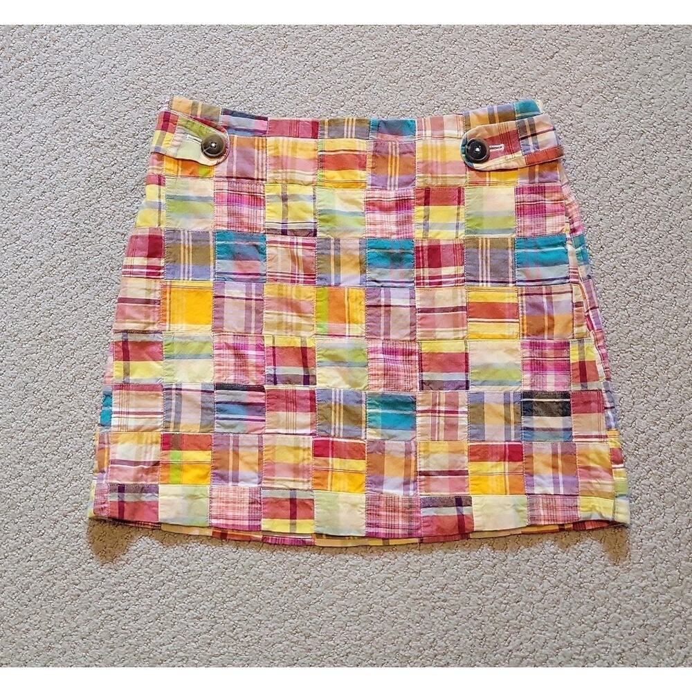 J.Crew Multi-Color Madras Check Patches Flat Front Cotton Skirt Women 4